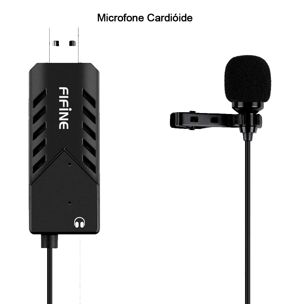 Microfone de Lapela USB Lavalier, Cardioide Fifine Clip-On Condensador Com Placa de Som Para Windows e Mac-K053